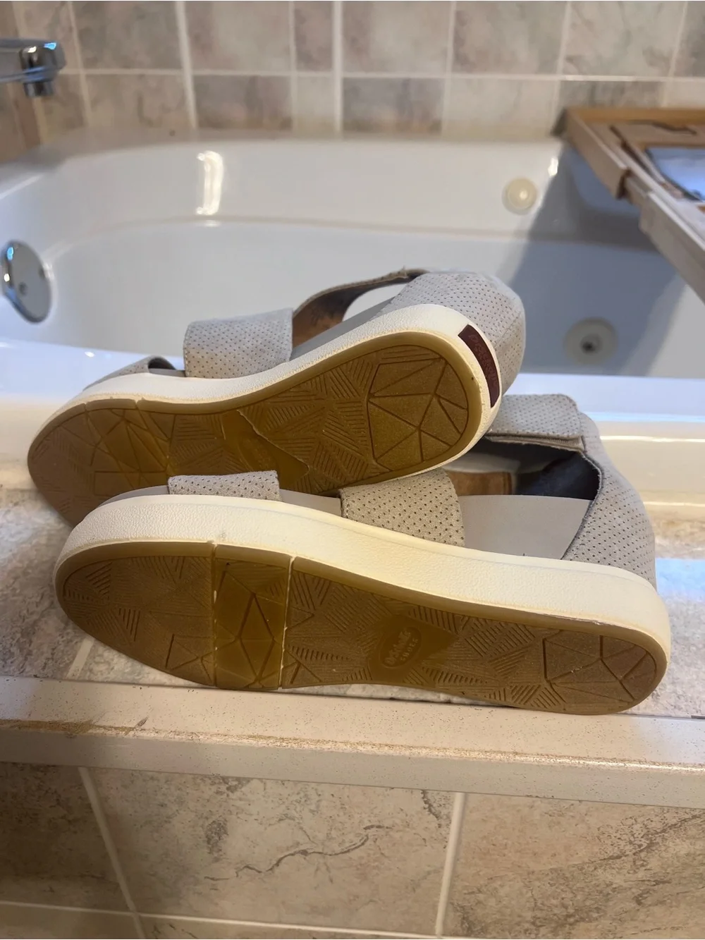 Dr. Scholl's Perforated Crisscross Wedge Sandals - Taupe - Picture 2 of 3